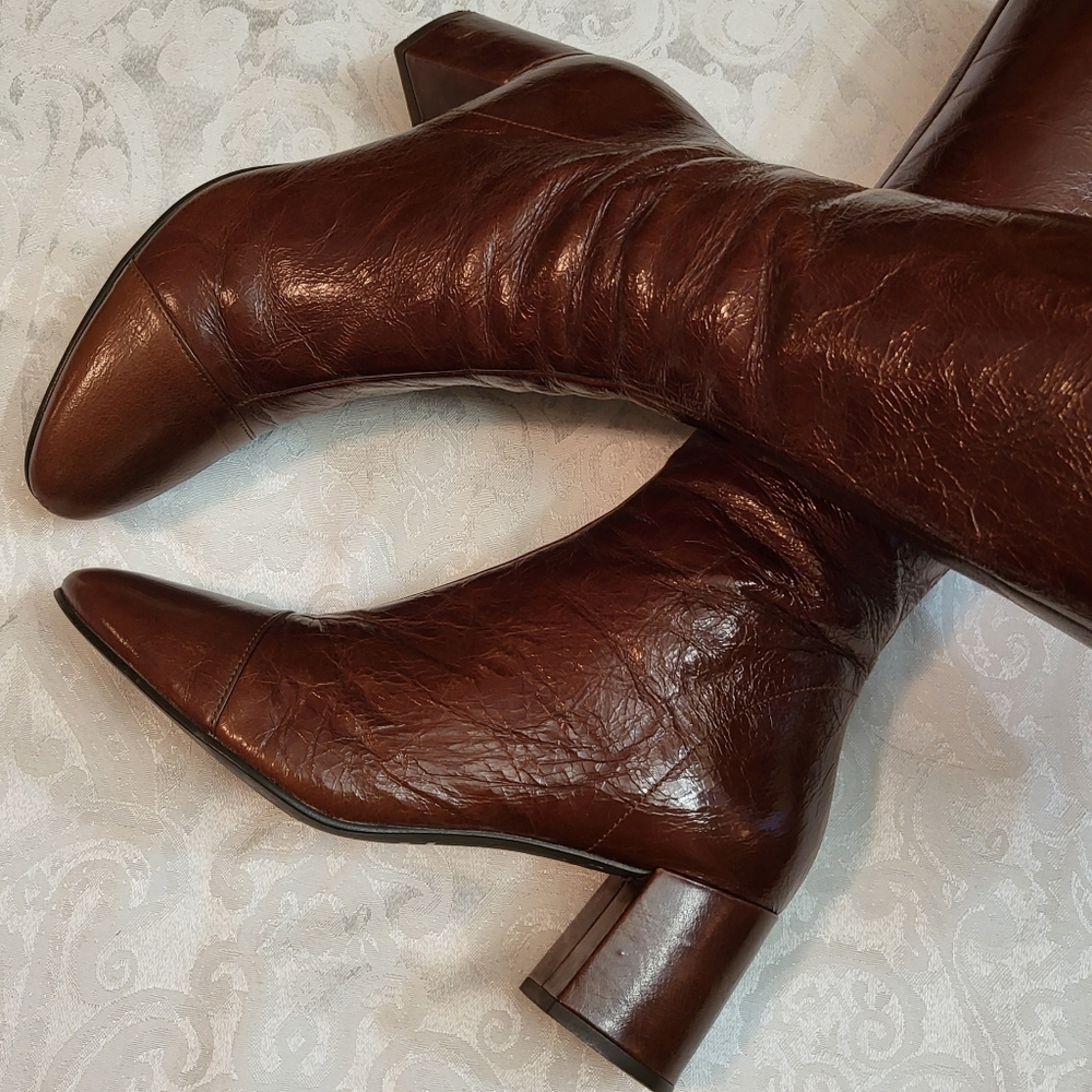 Women's Tall Brown Leather Heeled Boots - Picture 5 of 16
